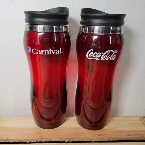 Set of 2 Carnival Cruise Lines Transparent Red Tumblers w/ Lids - Picture 3 of 5